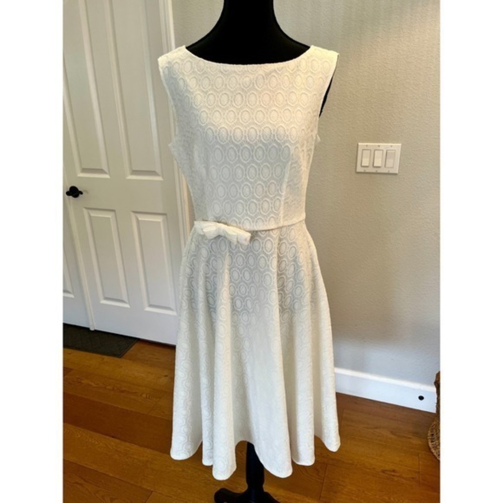 NWT Retro Lace Swing Dress Ivory Bow Waist Boat Neck A Line Bridal Cocktail M - Picture 5 of 17